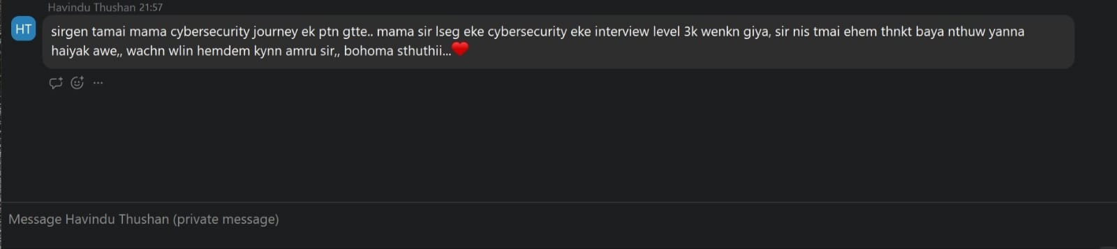 Original Zoom feedback from Havindu Thushan about starting cybersecurity and reaching an interview stage at LSEG.