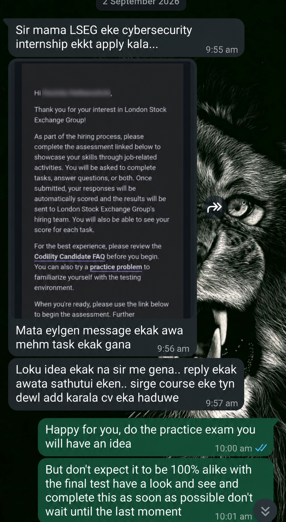 An anonymized WhatsApp conversation showing an internship assessment invitation and the instructor’s replies with preparation guidance.