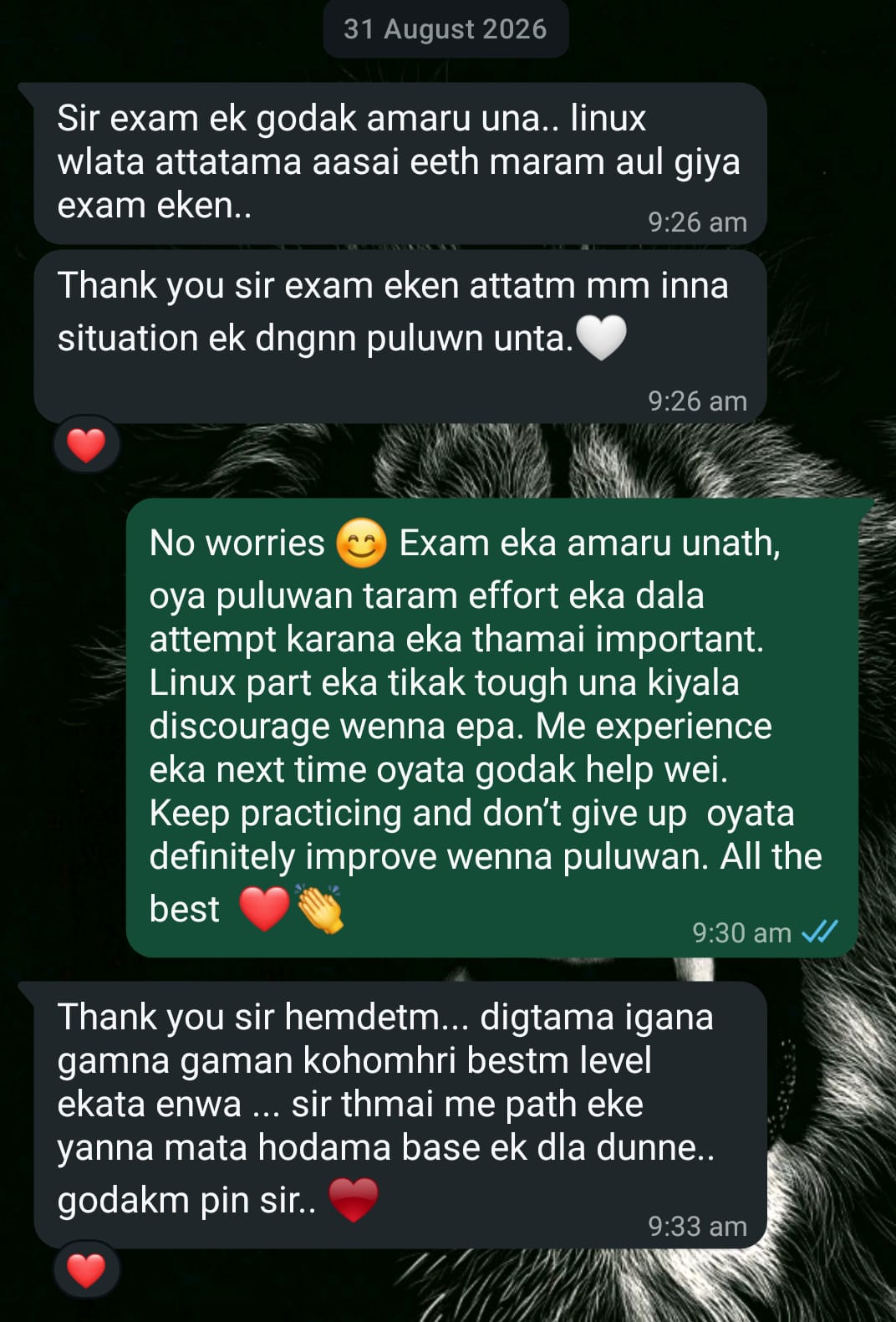 Original WhatsApp conversation about a difficult Linux exam, instructor encouragement and building a strong foundation.